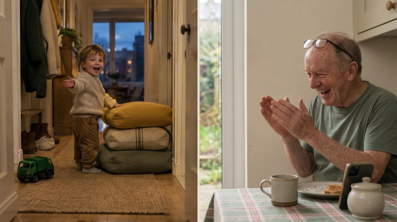A boy in his hallway and his grandfather laughing at breakfast in another home
