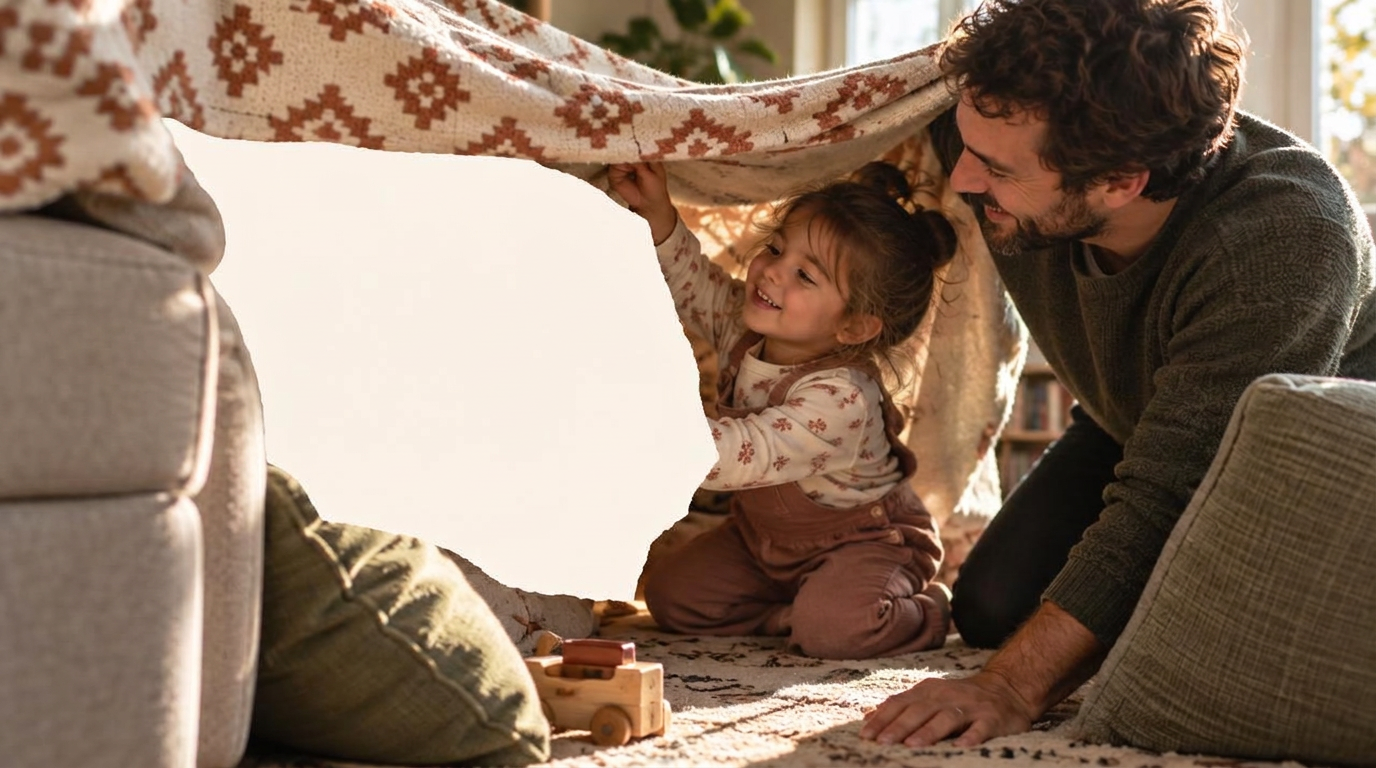 Illustrative memory of a parent and child making a blanket fort